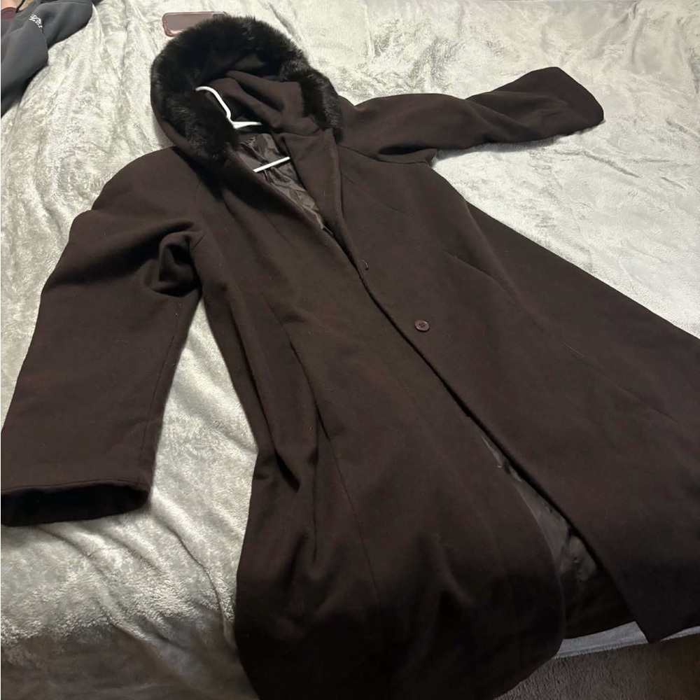 Vintage Donnybrook Women’s Brown Wool Rabbit Fur Trim Hooded Maxi Over Coat